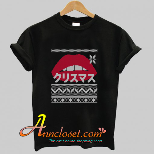 Red Lips Ugly Christmas Sexy Holiday Kiss and Japanese Kanji T-Shirt At